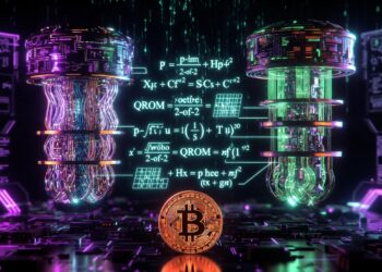 Una moneda de Bitcoin junto a dos ordenadores cuánticos.