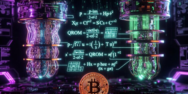 Una moneda de Bitcoin junto a dos ordenadores cuánticos.