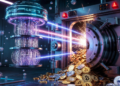 una computadora cuántica atacando una bóveda con monedas de Bitcoin y de Ethereum.
