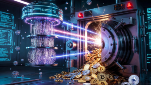 una computadora cuántica atacando una bóveda con monedas de Bitcoin y de Ethereum.