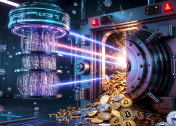 una computadora cuántica atacando una bóveda con monedas de Bitcoin y de Ethereum.