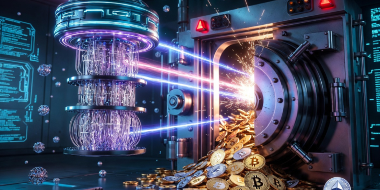 una computadora cuántica atacando una bóveda con monedas de Bitcoin y de Ethereum.