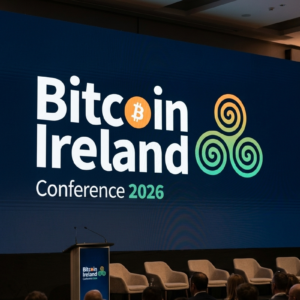 Vista de un auditorio de conferencias con un gran cartel en la pantalla que dice "Bitcoin Ireland Conference 2026".