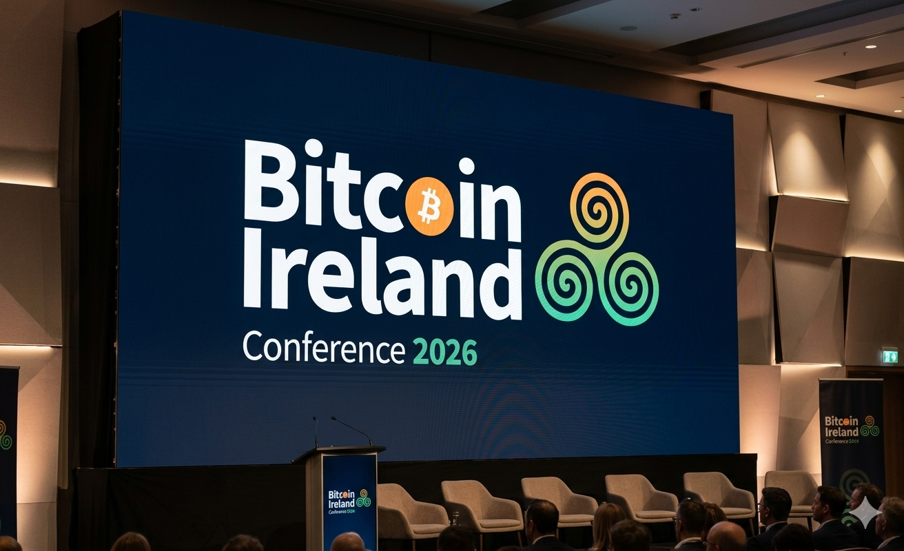 Vista de un auditorio de conferencias con un gran cartel en la pantalla que dice "Bitcoin Ireland Conference 2026".