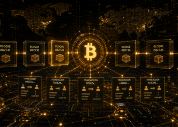 La red Bitcoin procesando bloques con transacciones.