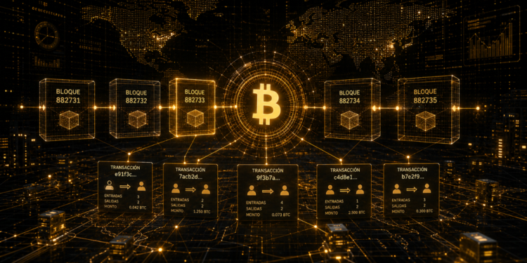 La red Bitcoin procesando bloques con transacciones.