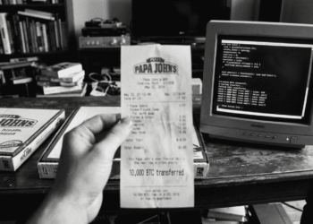 Fotografía histórica en blanco y negro que muestra una mano sosteniendo en primer plano un recibo de Papa John's fechado el 22 de mayo de 2010 con la inscripción "10,000 BTC transferred". Al fondo, sobre una mesa de madera rústica, se observan cajas de pizza y un monitor CRT antiguo de computadora de escritorio.
