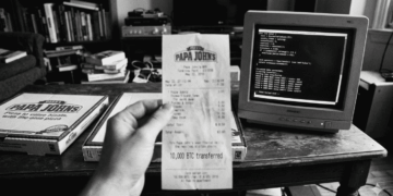 Fotografía histórica en blanco y negro que muestra una mano sosteniendo en primer plano un recibo de Papa John's fechado el 22 de mayo de 2010 con la inscripción "10,000 BTC transferred". Al fondo, sobre una mesa de madera rústica, se observan cajas de pizza y un monitor CRT antiguo de computadora de escritorio.
