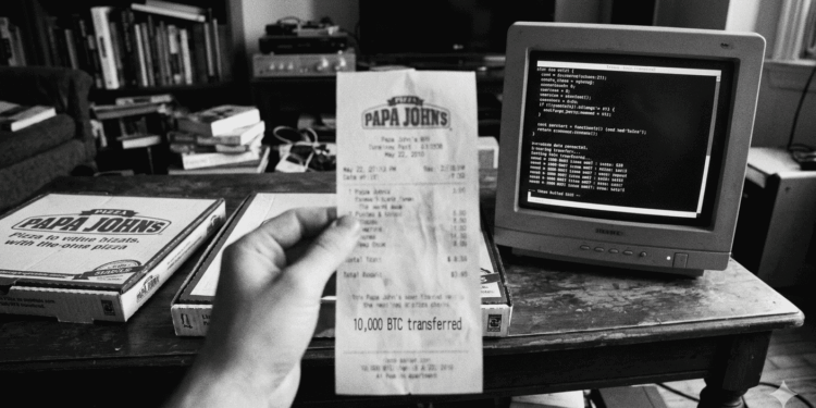 Fotografía histórica en blanco y negro que muestra una mano sosteniendo en primer plano un recibo de Papa John's fechado el 22 de mayo de 2010 con la inscripción "10,000 BTC transferred". Al fondo, sobre una mesa de madera rústica, se observan cajas de pizza y un monitor CRT antiguo de computadora de escritorio.