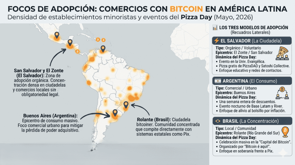 Infografía periodística que muestra un mapa de calor de América Latina con la densidad de comercios que aceptan Bitcoin en mayo de 2026. Tres flechas apuntan a San Salvador/El Zonte (El Salvador, adopción orgánica), Buenos Aires (Argentina, consumo masivo por inflación), y Rolante (Brasil, comunidad concentrada que compite con Pix).