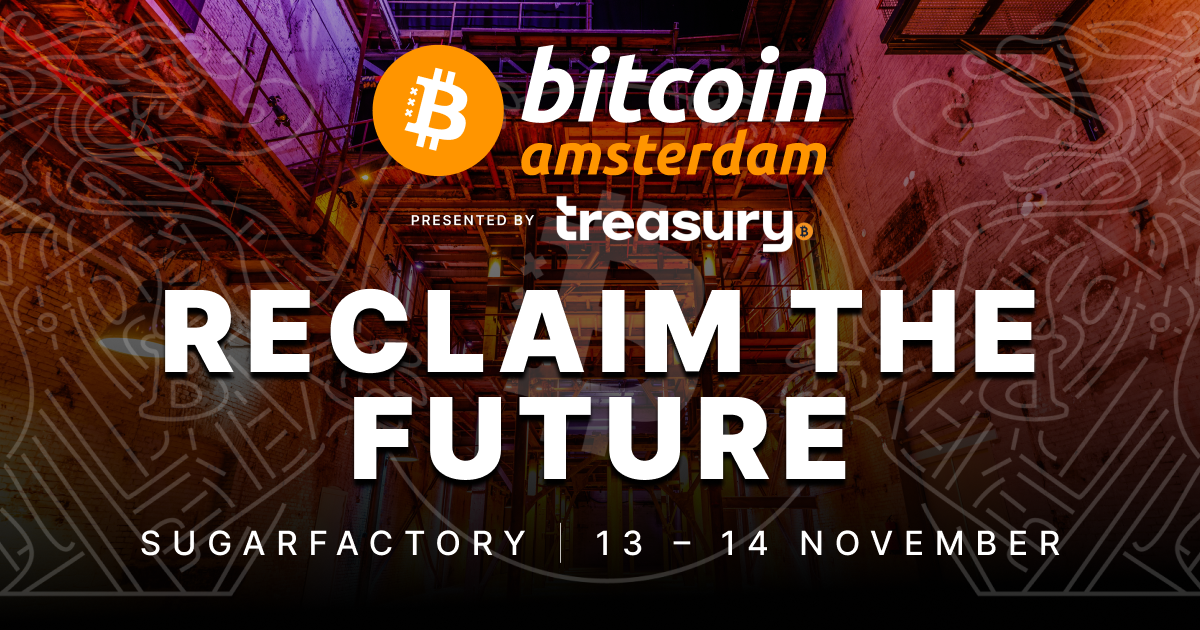 Banner de Bitcoin Amsterdam, "Reclaim the Future", 13-14 de noviembre en Sugarfactory.