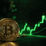 Moneda de BTC con unas velas en verde.