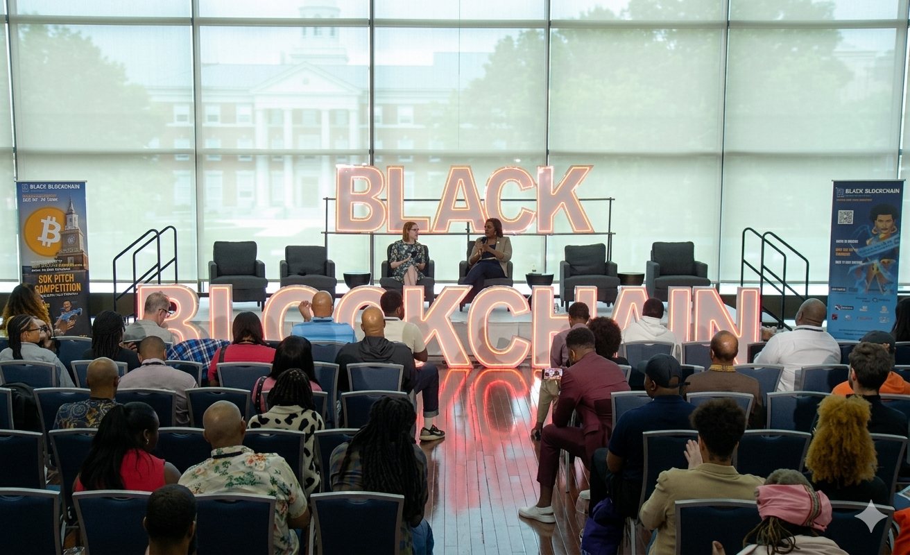 Conferencia sobre "Black Blockchain" con panelistas en el escenario y audiencia en formato horizontal.