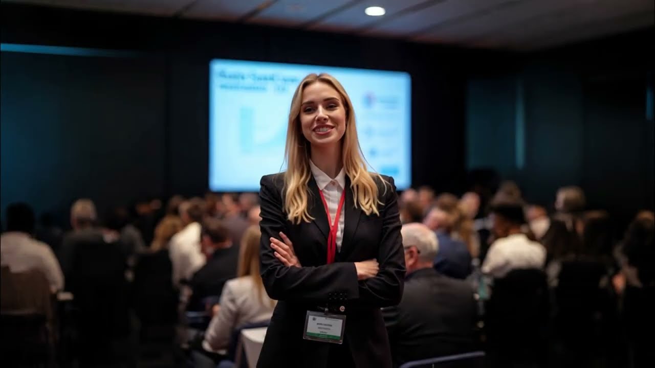 Mujer rubia en traje sonriendo en una conferencia de blockchain con público al fondo.