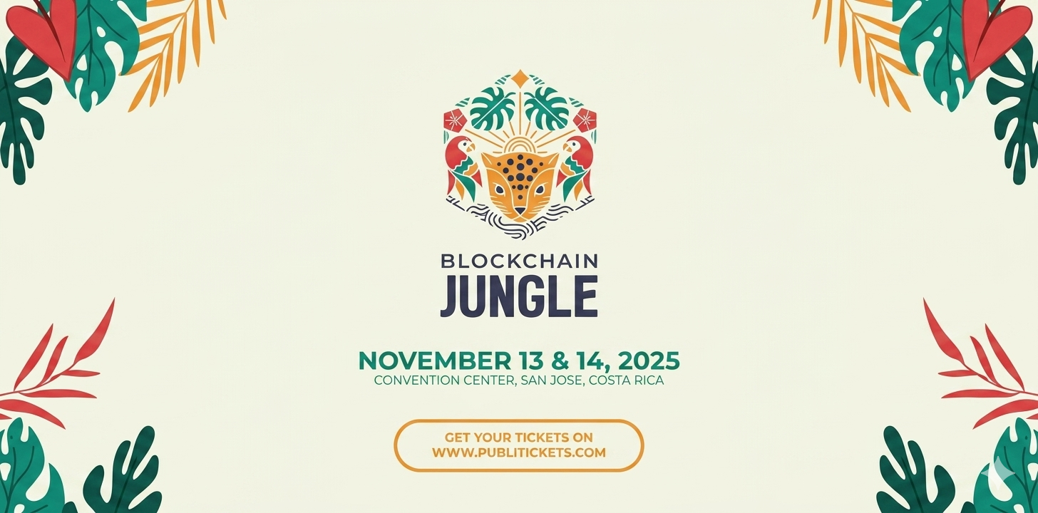 Banner de Blockchain Jungle, 13-14 de noviembre de 2025, San José, Costa Rica, diseño selvático.