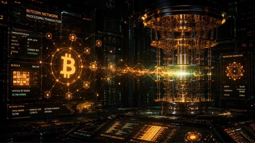 Una computadora cuántica junto a un bloque de la red Bitcoin procesandose.