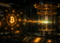 Una computadora cuántica junto a un bloque de la red Bitcoin procesandose.