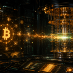 Una computadora cuántica junto a un bloque de la red Bitcoin procesandose.