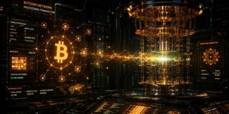 Una computadora cuántica junto a un bloque de la red Bitcoin procesandose.