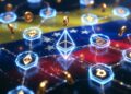 Figuras representativas del logo de ethereum flotan sobre una bandera de Venezuela.