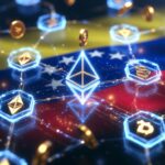 Figuras representativas del logo de ethereum flotan sobre una bandera de Venezuela.