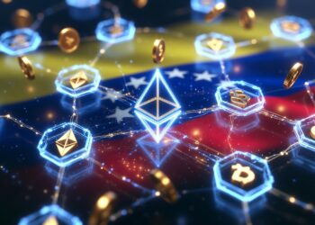 Figuras representativas del logo de ethereum flotan sobre una bandera de Venezuela.