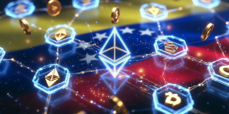 Figuras representativas del logo de ethereum flotan sobre una bandera de Venezuela.