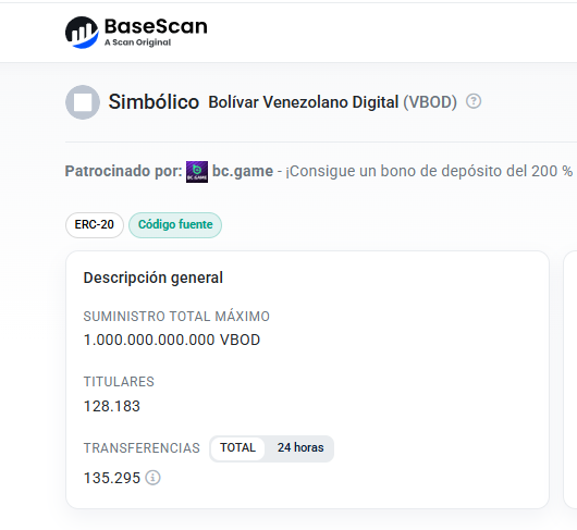 BaseScan screenshot showing metrics for the Venezuelan Bolivar Digital (VBOD) token, highlighting a total supply of 1 billion units and over 128,000 holders on the Base network.