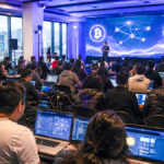 Fotografía de un evento de criptomonedas con una pantalla gigante detras, y todos los concurrentes con notenooks en sus mesas