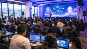 Fotografía de un evento de criptomonedas con una pantalla gigante detras, y todos los concurrentes con notenooks en sus mesas