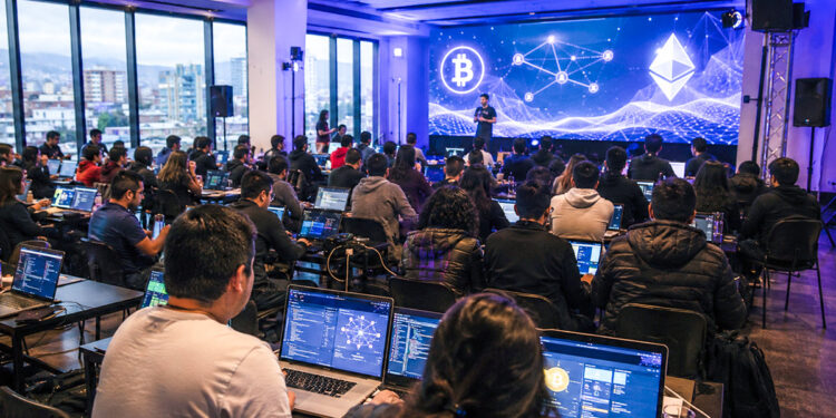 Fotografía de un evento de criptomonedas con una pantalla gigante detras, y todos los concurrentes con notenooks en sus mesas