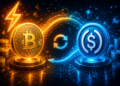 Ilustración futurista de intercambio entre Bitcoin y USDC, con monedas digitales dorada y azul conectadas