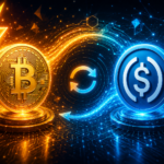 Ilustración futurista de intercambio entre Bitcoin y USDC, con monedas digitales dorada y azul conectadas