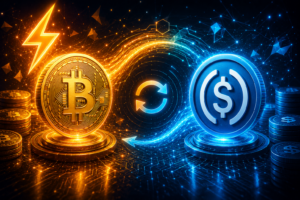 Ilustración futurista de intercambio entre Bitcoin y USDC, con monedas digitales dorada y azul conectadas