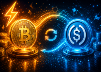 Ilustración futurista de intercambio entre Bitcoin y USDC, con monedas digitales dorada y azul conectadas