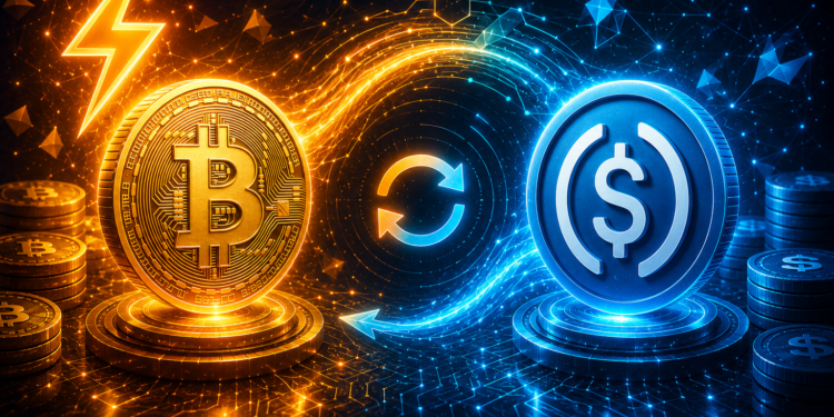 Ilustración futurista de intercambio entre Bitcoin y USDC, con monedas digitales dorada y azul conectadas