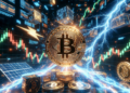 Monedas de Bitcoin con gráficos financieros.