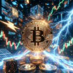Monedas de Bitcoin con gráficos financieros.