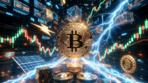 Monedas de Bitcoin con gráficos financieros.