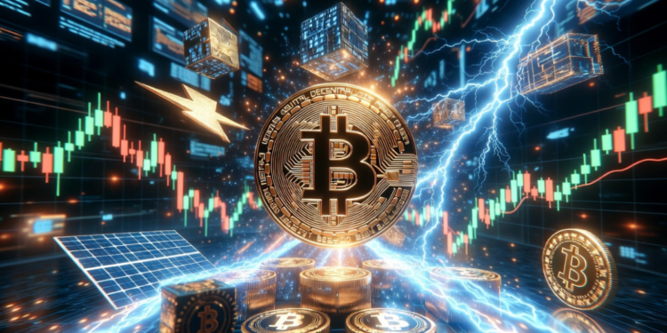 Monedas de Bitcoin con gráficos financieros.