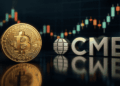 Moneda de BTC con el logo de CME y unas velas.