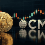 Moneda de BTC con el logo de CME y unas velas.