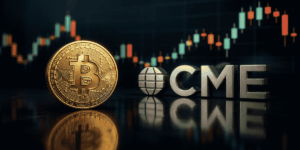 Moneda de BTC con el logo de CME y unas velas.