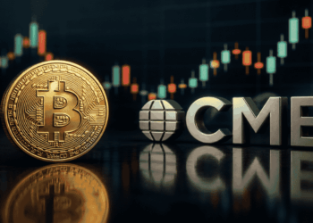 Moneda de BTC con el logo de CME y unas velas.