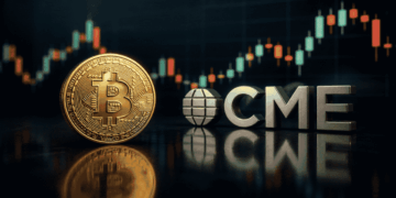 Moneda de BTC con el logo de CME y unas velas.