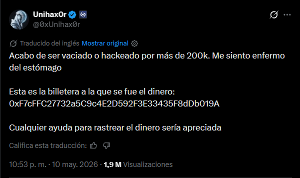 Publicación en X sobre el hackeo de wallets de criptomonedas.