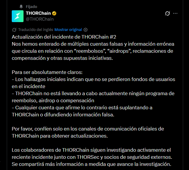 Posteo en X sobre el hackeo de una plataforma de criptomonedas.