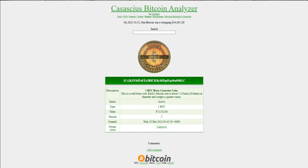 Screenshot of the Casascius Bitcoin Analyzer tracker showing the token of a physical Casascius coin