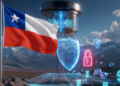 Una computadora cuántica sobre un desierto chileno junto con la bandera del país.