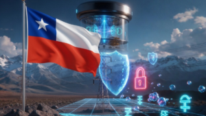 Una computadora cuántica sobre un desierto chileno junto con la bandera del país.